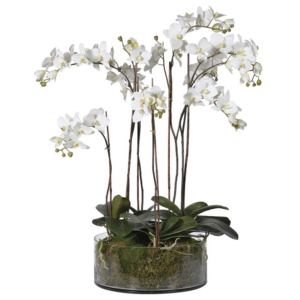 Faux beautiful white orchid in glass bowl Dimensions: H:84 cm.